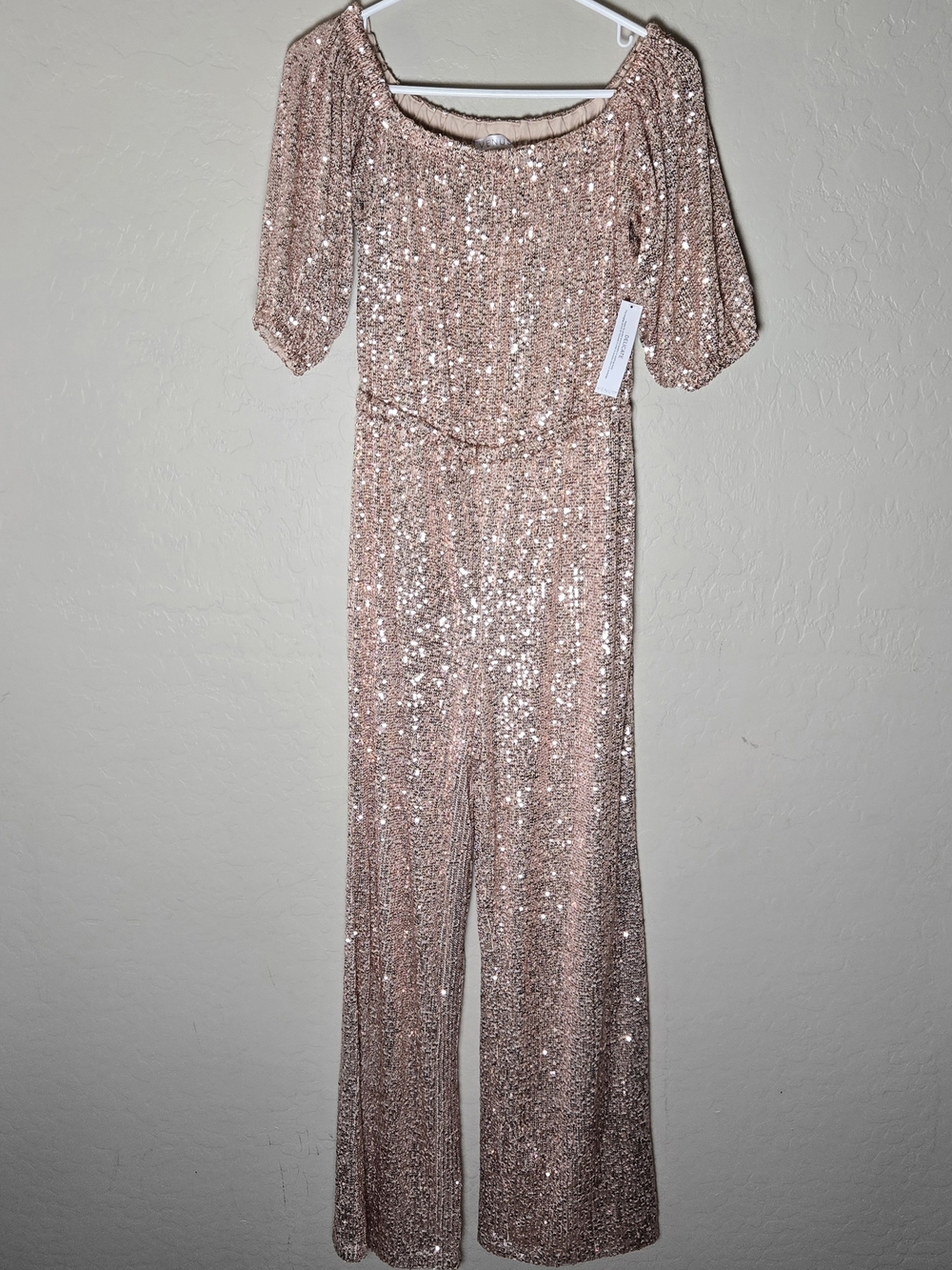 NWT Venus Off-Shoulder Rose Gold Sequin Jumpsuit M Holiday Party Glam